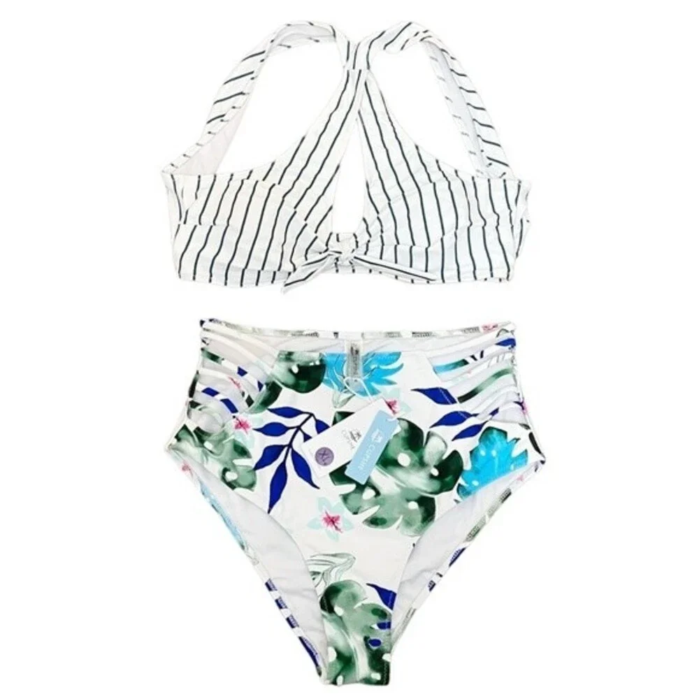 NWT Cupshe Two Piece Swimsuit Tropical Floral Cutout Brief Stripe Halter Top XL